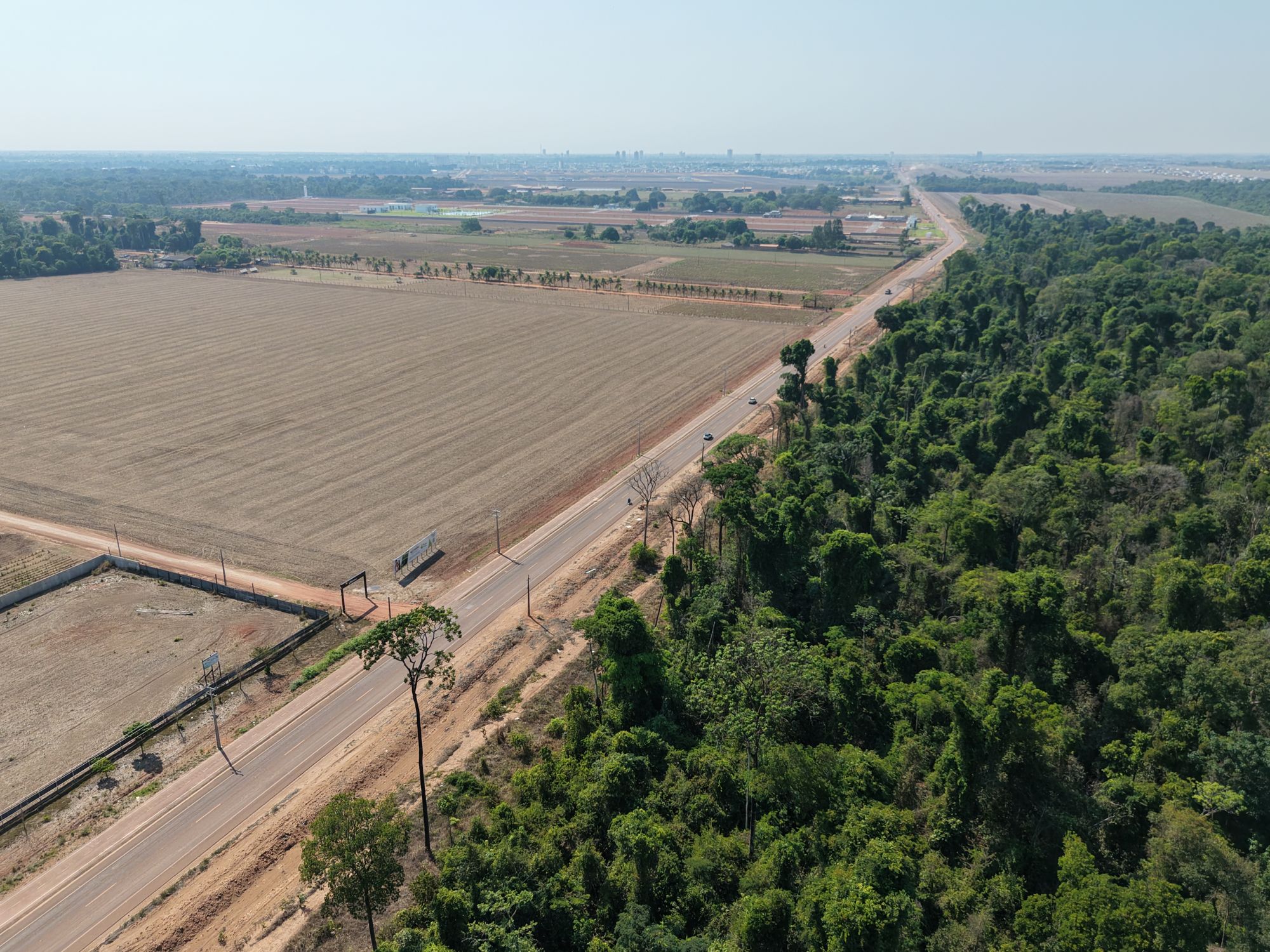 Grande área aberta delimitada pela estrada e por uma faixa de mata