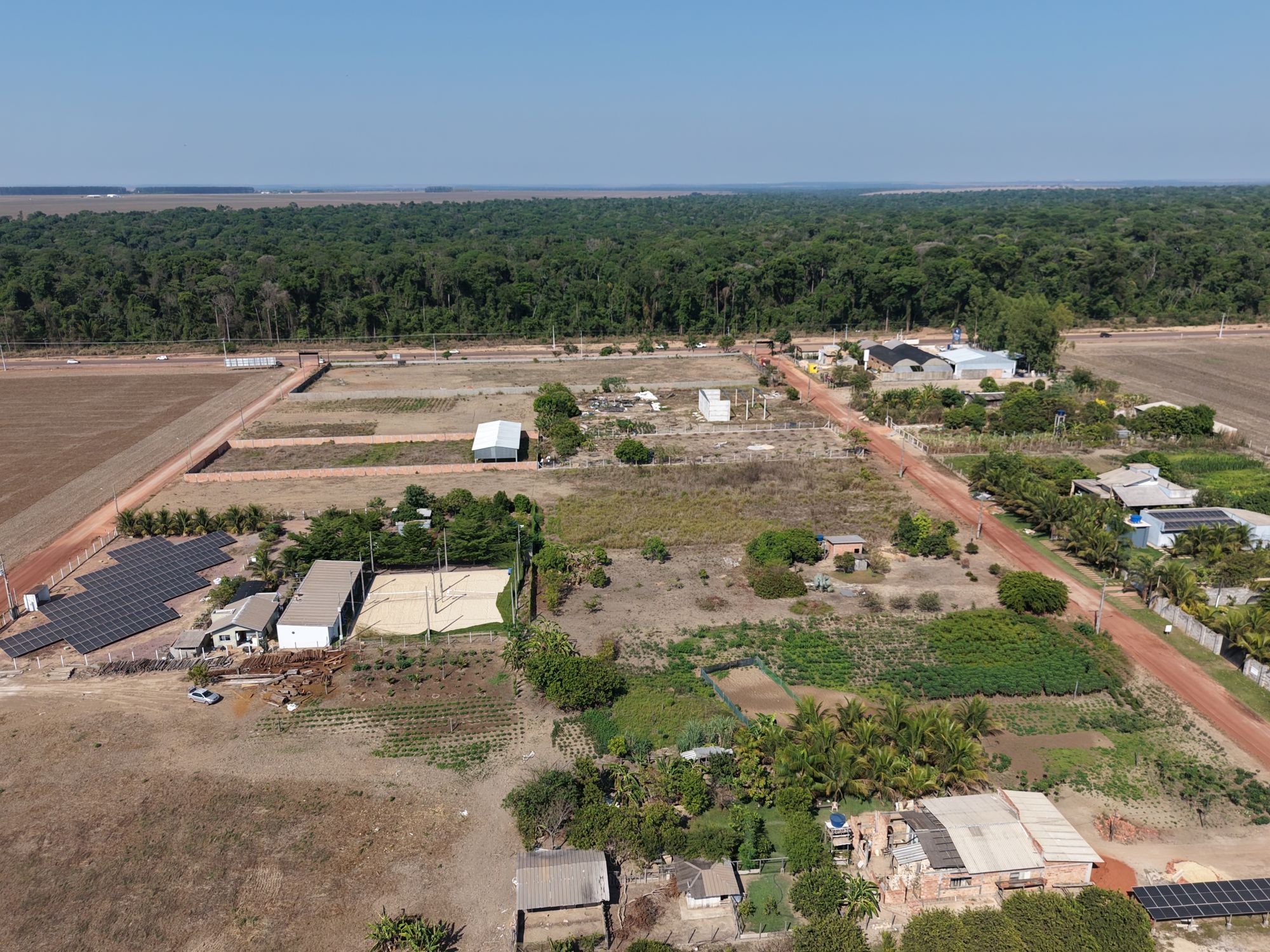 Chácaras com hortas, árvores e casas vistas do alto